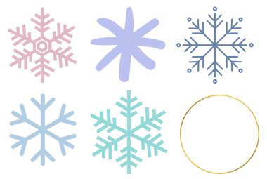 Snowflake winter set of blue pink purple gray pastel element isolated icon on white background  illustration 