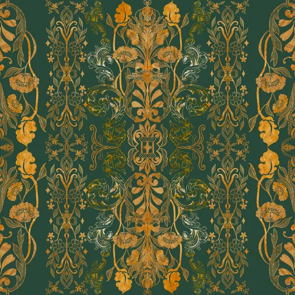 Seamless pattern ornate gold leaves plant botanic swirl rococo revival victorian style textile wrapping holiday festive design and decoration