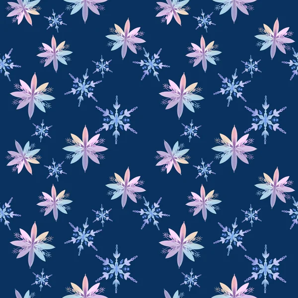 Pastel winter symbol festive seamless pattern Snowflakes pink blue purple arrangement ornaments background texture textile collection for decor interior , fashion fabric, paper wrapping