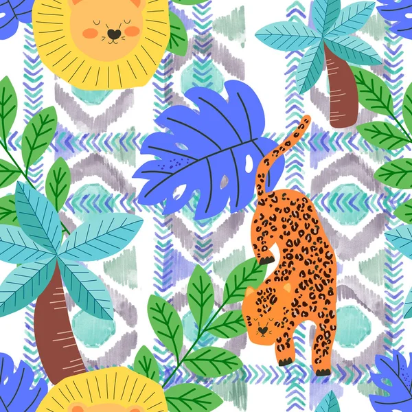 African seamless pattern  set with animals in cartoon style collection with mammals and botanical on a kid theme