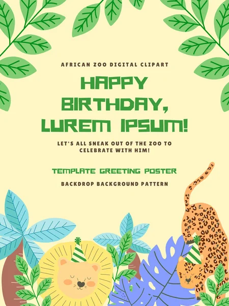 Anniversary Birthday party animal tiger lion and monstera coconut palm and leaf digital clipart cute doodle Illustration