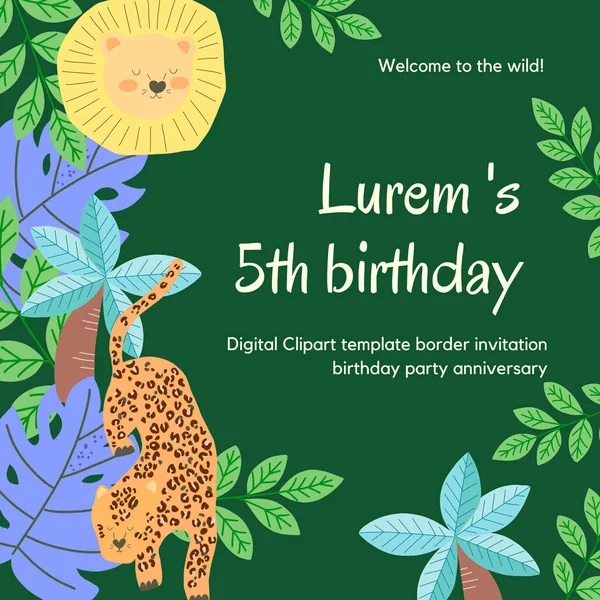 Anniversary Birthday party animal tiger lion and monstera coconut palm and leaf digital clipart cute doodle Illustration