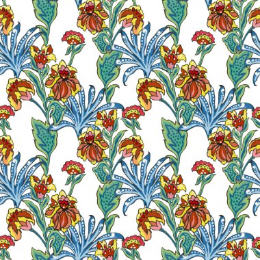 Flower vintage botanical blooming seamless pattern with canna lily Oriental style. illustration art design for textiles, wrapping paper, wallpaper, clothes, interior, curtains, packaging