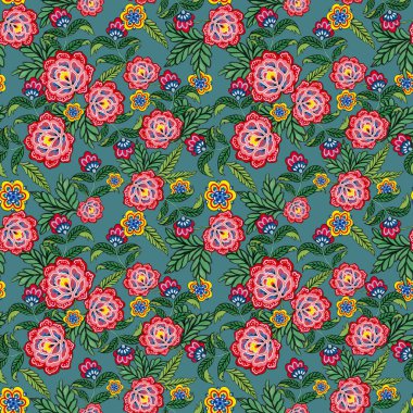Seamless pattern folk art backdrop botanical flowers, Scandinavian colorful floral design Retro blossom and foliage ornament, Scandi endless background perfect for textile design, wallpaper, fabric fashion