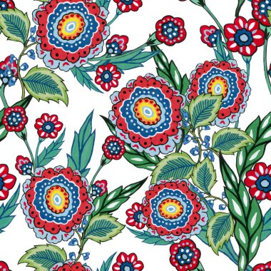 Seamless pattern folk art backdrop botanical flowers, Scandinavian colorful floral design Retro blossom and foliage ornament, Scandi endless background perfect for textile design, wallpaper, fabric fashion