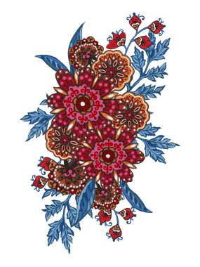 Garland of luxurious blooming folk native Flowers,oriental exotic Background colors colorful paper blue leaf engraving Vintage botanical illustration. Wedding floral border frame