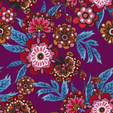 Garland of luxurious blooming folk native Flowers,oriental exotic Background colors colorful paper blue leaf engraving Vintage botanical illustration. Wedding floral fabric seamless repeat bouquet pattern