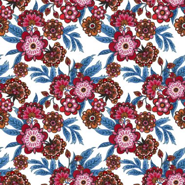 Garland of luxurious blooming folk native Flowers,oriental exotic Background colors colorful paper blue leaf engraving Vintage botanical illustration. Wedding floral fabric seamless repeat bouquet pattern