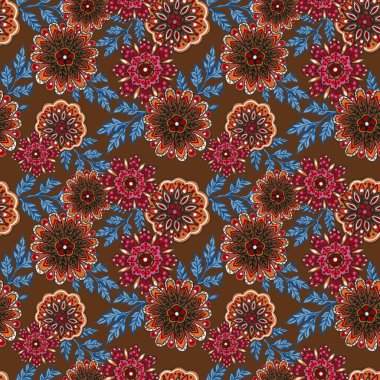 Garland of luxurious blooming folk native Flowers,oriental exotic Background colors colorful paper blue leaf engraving Vintage botanical illustration. Wedding floral decoration seamless repeat pattern