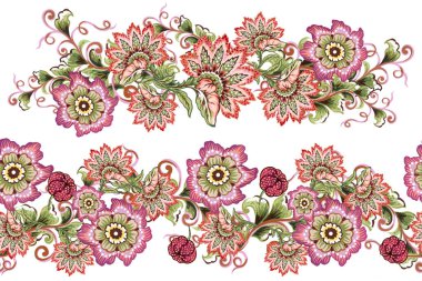 Paisley jacobean flower indian folk pattern. Damask floral illustration in batik style