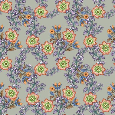 Paisley jacobean flower indian folk pattern. Damask floral illustration in batik style