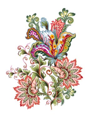 Paisley jacobean flower indian folk pattern. Damask floral illustration in batik style