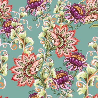Paisley jacobean flower indian folk pattern. Damask floral illustration in batik style