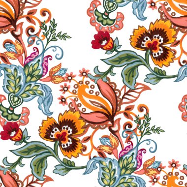 Seamless pattern folk art backdrop botanical flowers, indian colorful floral design Retro blossom and foliage ornament background perfect for wallpaper, fabric fashion