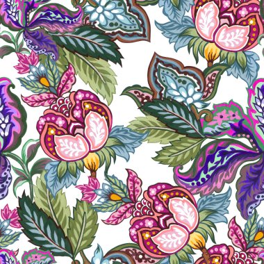 Seamless pattern with stylized ornamental flowers botanical in retro, vintage style. Jacobean embroidery oriental indian asian for print wrapping, fabric fashion, interior
