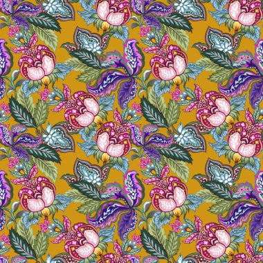 Seamless pattern with stylized ornamental flowers botanical in retro, vintage style. Jacobean embroidery oriental indian asian for print wrapping, fabric fashion, interior