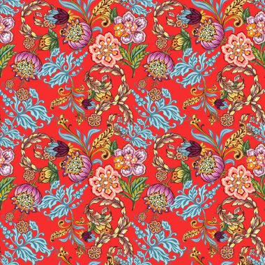 Floral seamless folk pattern, ethnic native flowers, watercolor illustration Jacobean traditional style Baroque illustration for decor interior, wallpaper, scarf