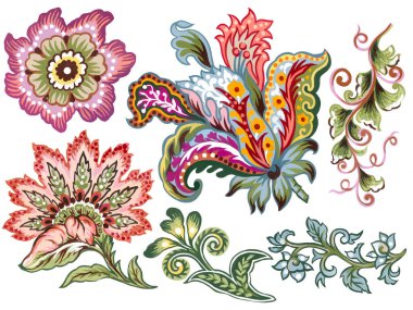 Paisley jacobean flower indian folk pattern. Damask floral illustration foliage element isolated on white