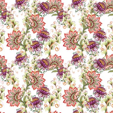 Paisley jacobean flower indian folk pattern. Damask floral illustration for textile texture on white