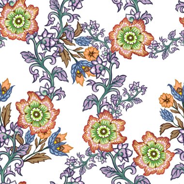 Paisley jacobean flower indian folk pattern. Damask floral illustration abstract blooming foliage for fashion fabric