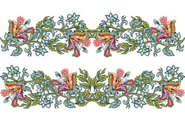 Paisley jacobean flower indian folk Damask floral illustration label border banner