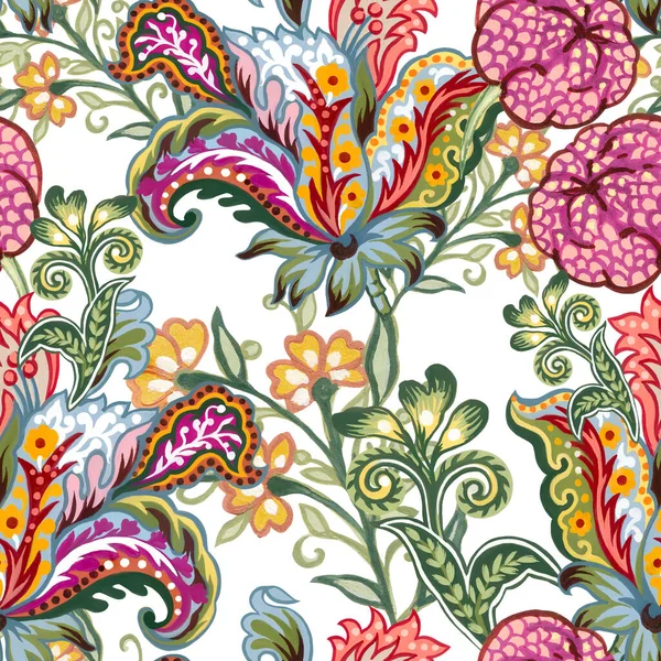 Paisley Jacobean Flower Indian Folk Pattern Damask Floral Illustration Batik — 스톡 사진