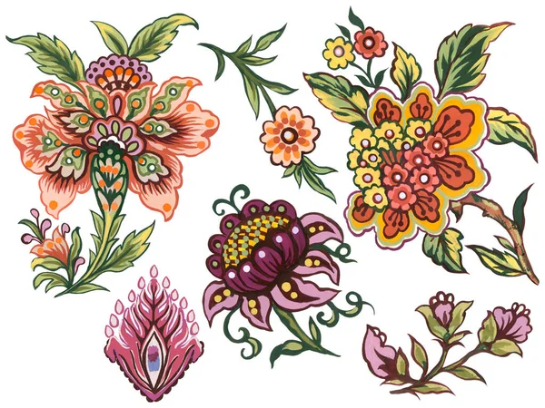 Floral Decorative Elements Jacobean Damask Embroidery Style Fantasy Fower Illustration —  Fotos de Stock