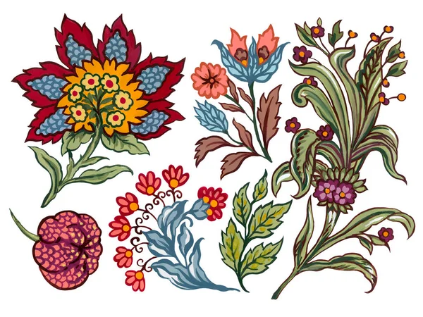 Watercolor Gouache Illustration Abstract Folk Jacobean Culture Style Flower Leaf — Foto Stock