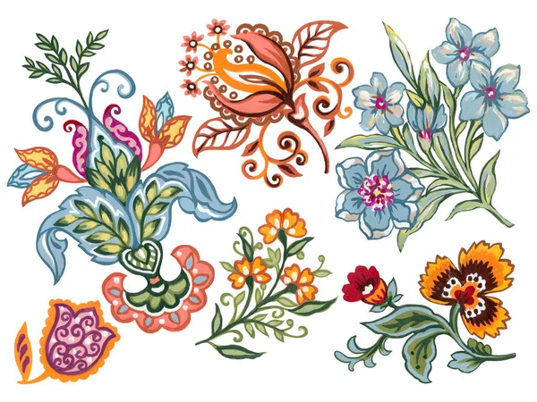 Watercolor Illustration Ancient Indian Style Paisley Eastern Folk Blooming Botanical — Fotografia de Stock