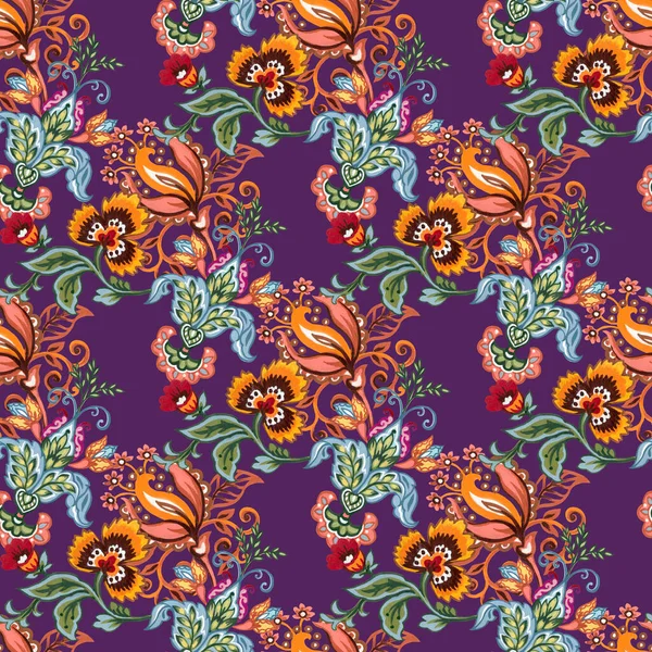 Seamless Pattern Folk Art Backdrop Botanical Flowers Indian Colorful Floral — Stok fotoğraf