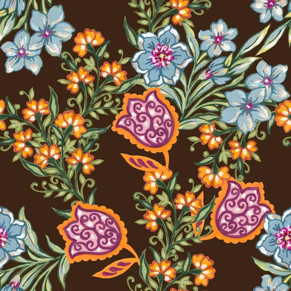 Seamless Pattern Folk Art Backdrop Botanical Flowers Indian Colorful Floral — Fotografia de Stock