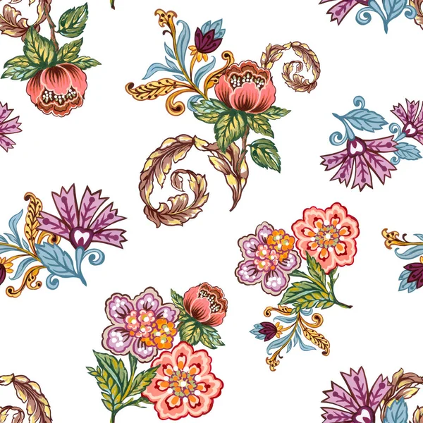 Floral seamless folk pattern, ethnic native flowers, watercolor illustration Jacobean traditional style Baroque illustration for decor interior, wallpaper, scarf