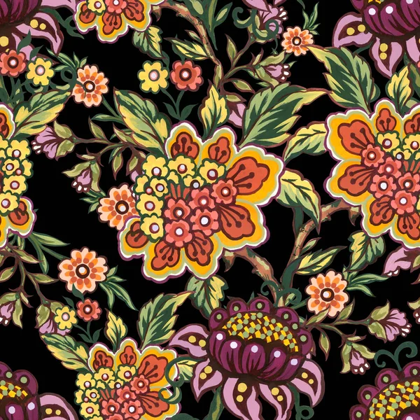 Floral decorative elements in jacobean damask embroidery style, fantasy fower illustration seamless pattern, vintage, old, retro style for fabric fashion, wallpaper interior