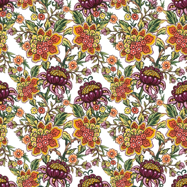 Floral decorative elements in jacobean damask embroidery style, fantasy fower illustration seamless pattern, vintage, old, retro style for fabric fashion, wallpaper interior