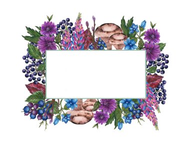 Watercolor illustration bloom botanical plants leaf lavender mushroom berry fruits on a branch and flowering label frame template