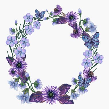 Classic blue purple flower botanical bouquet plant dry leaves and butterfly Trendy fall winter cozy collection wreath circle Isolated on white