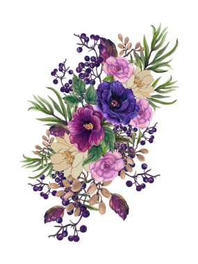 Flower Bouquet floral bunch, boho design object, element peonies magnolia rose flowers, berry herb leaf rustic floral elegant wedding card