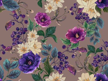 Beautiful fall winter deep blooming  flowers ,berries in the winter season seamless pattern design isolated on mauve gray color for fashion,fabric,paper,interior 