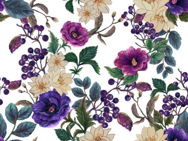 Beautiful fall winter deep blooming  flowers ,berries in the winter season seamless pattern design isolated on white for fashion,fabric,paper,interior 