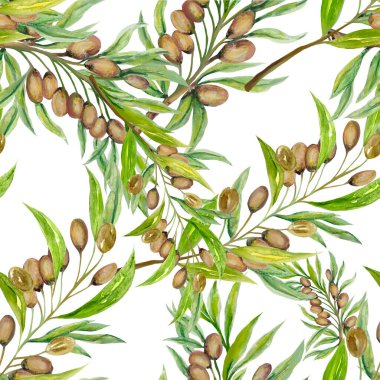 Watercolor illustration seamless pattern green olives foliage Background design for olive oil, natural cosmetics package Best for wrapping paper