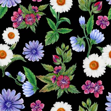 Floral seamless pattern botanical garden wild field flowers, green leaves and plants,  Watercolor illustration summer spring meadow for fashion fabric decor interior