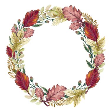 Watercolor gouache Autumn Fall branches flower with leaves hand drawn illustration wreath circle Design for invitations greeting cards, backdrop, wreath ,border, frame