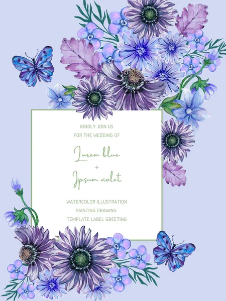 Classic blue purple flower botanical bouquet plant dry leaves and butterfly Trendy fall winter cozy collection invitation greeting card print paper