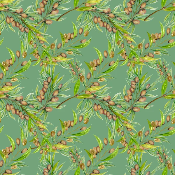 Watercolor Illustration Seamless Pattern Green Olives Foliage Background Design Olive — Stock Fotó