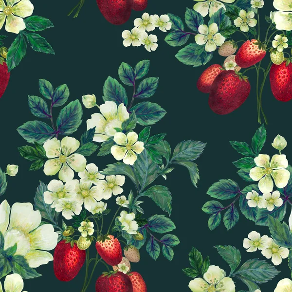 Bouquet Foliage Flower Blossoms Trawberry Leaf Seamless Pattern Romantic Vintage — Stockfoto