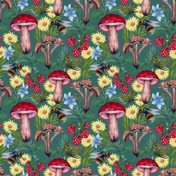 Seamless Pattern Forset Harvest Plant Botanical Insect Bee Meadow Field — Stock Fotó