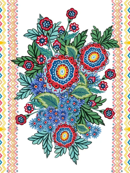 Народне Племінне Ремесло Вишивання Синя Квітка Гілки Листям Малюнком Рук — стокове фото