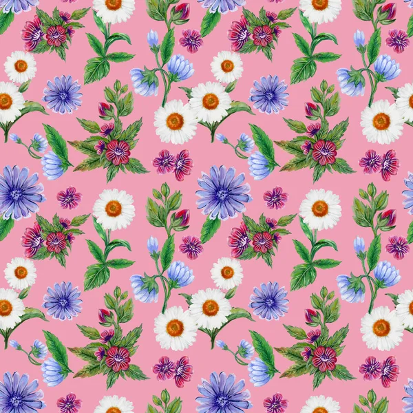 Floral Seamless Pattern Botanical Garden Wild Field Flowers Green Leaves — Stockfoto