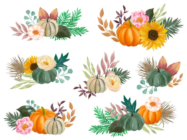 Akvarel Podzim Podzim Listy Rostlin Dýně Prvky Izolované Stock Ilustrace — Stock fotografie