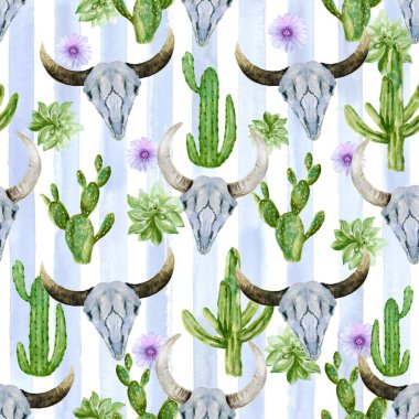 Kaktüs, sulu kafatası, boynuz, ekose suluboya arka planlı parlak, pürüzsüz desen. Düğün için mükemmel, davetiye, şablon kartı, duvar kağıdı, baskı 